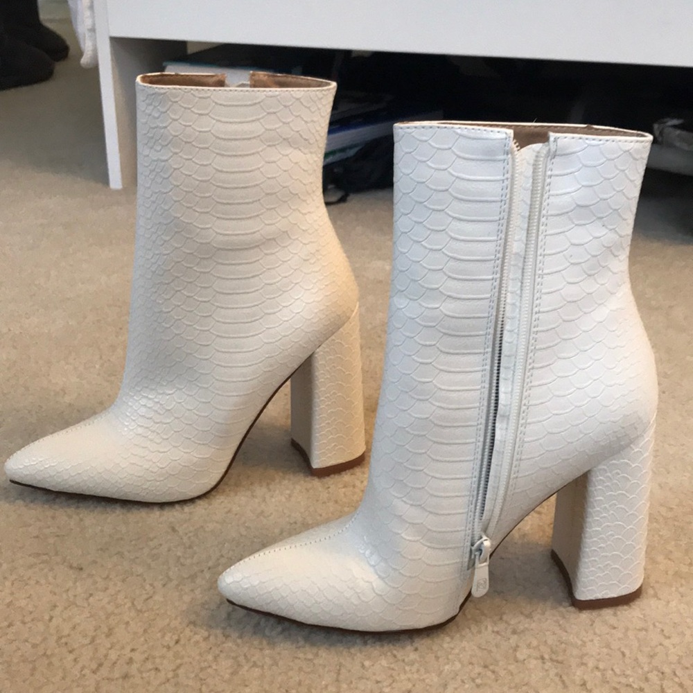 white snakeskin booties